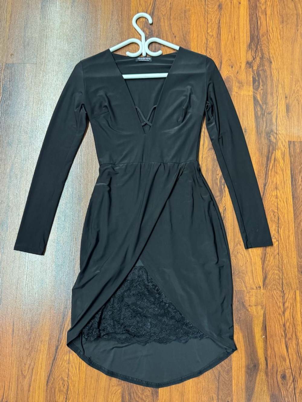 Fashion Nova Black Long Sleeve Wrap-Look Lace Hem Dress